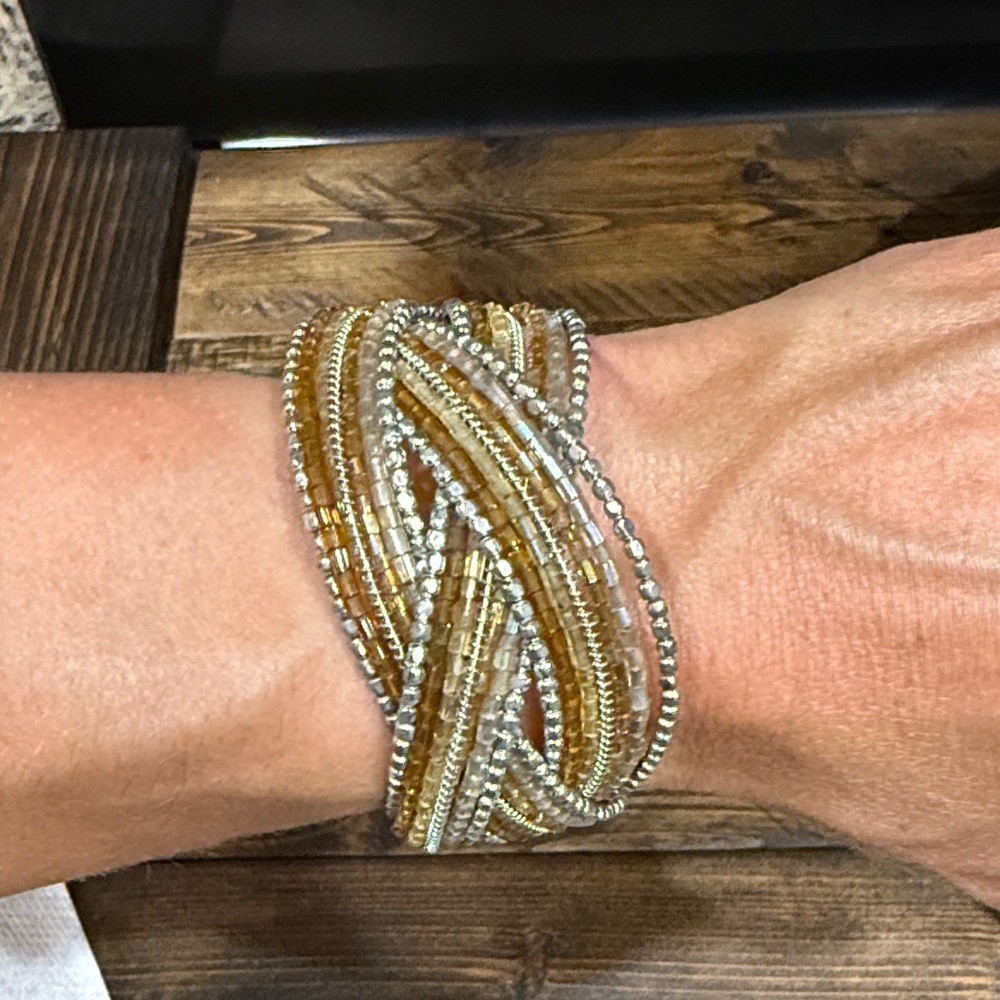 Gold and Silver Beaded Bangle Bracelet